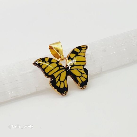 Small Yellow Black Tibetan Gold Enamel Mixed Butterfly Pendant 0.8" - Picture 2 of 2